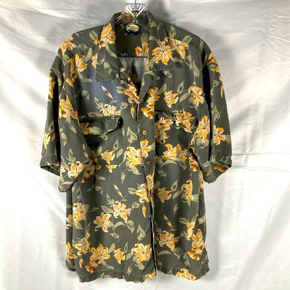 Tommy Bahama Men’s Gray Green Sz Lg Honeysuckle‎ Button Down 100% Rayon Shirt